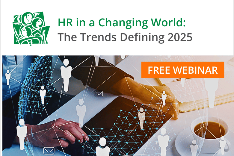 Image of someone working in HR with a digital orb depicting office people